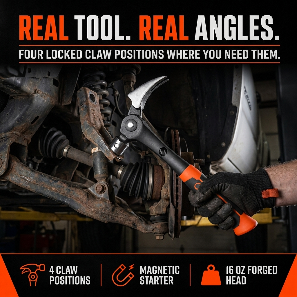 Real tool, real angles: hooked claw levering under a pickup suspension bracket