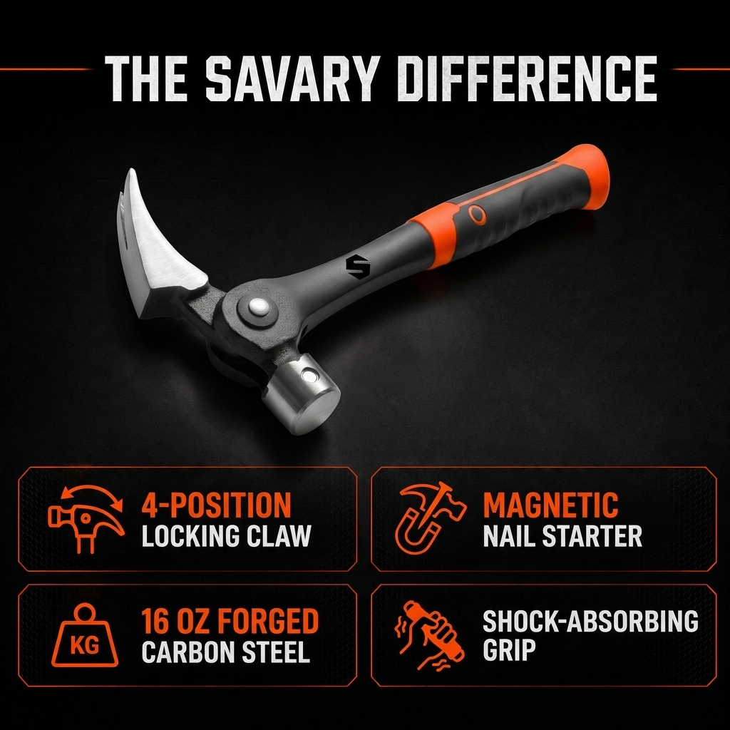 The Savary difference: 4-position locking claw, magnetic nail starter, 16 oz forged steel, shock-absorbing grip