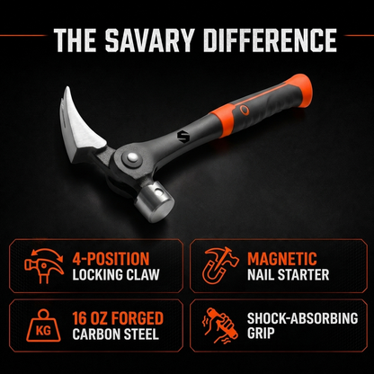 The Savary difference: 4-position locking claw, magnetic nail starter, 16 oz forged steel, shock-absorbing grip