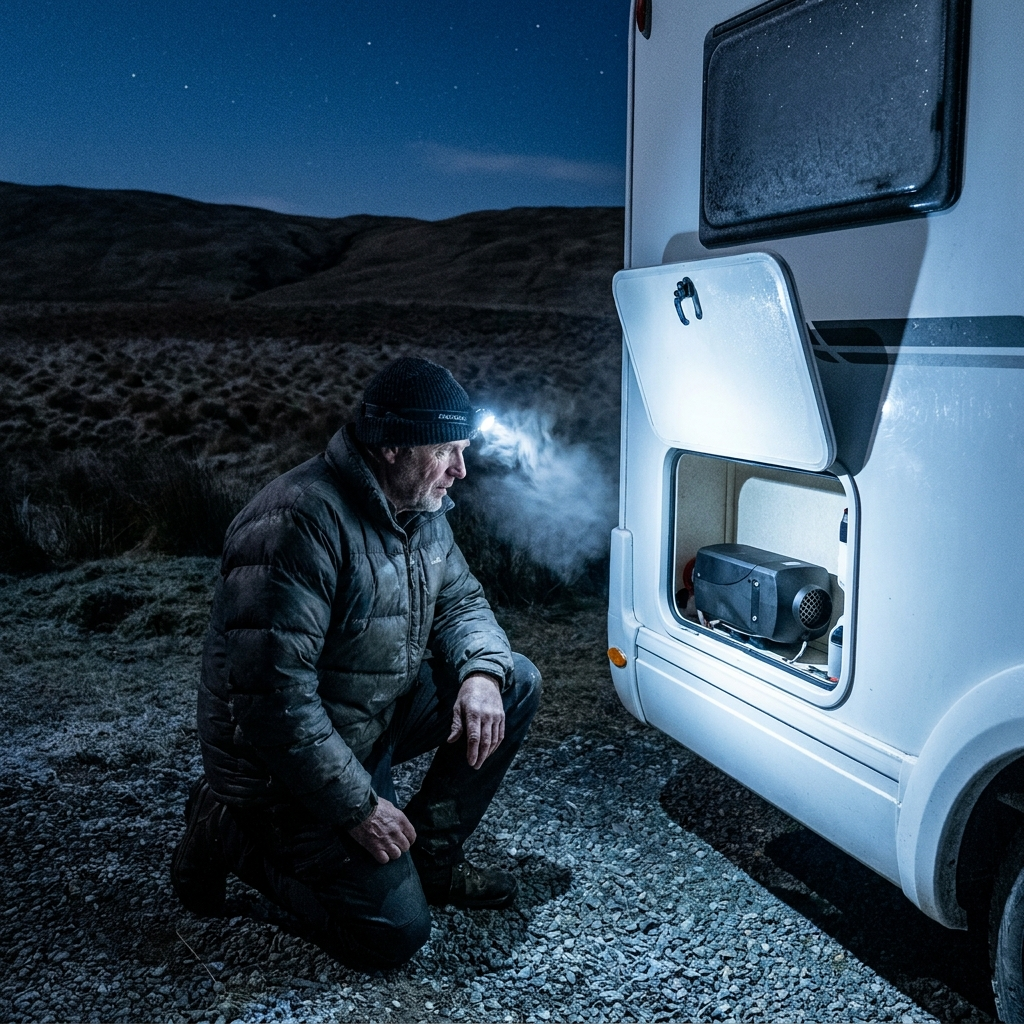 An older man with a head torch at the open side of his motorhome at night in the Central Otago high country