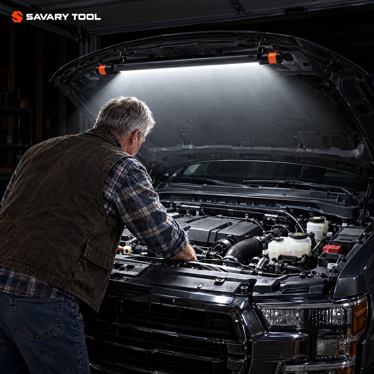 HoodBeam X hooked under the hood lighting the engine bay