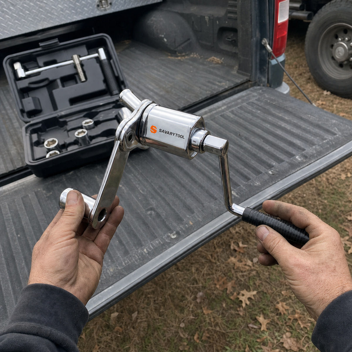 Customer holding SavaryTool by a pickup tailgate