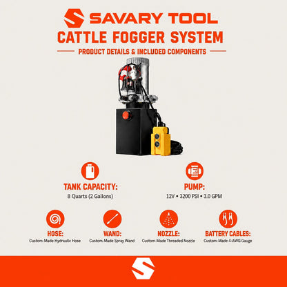 Product details: 8 quart tank, 12V pump 3200 PSI 3.0 GPM, hose, wand, nozzle and battery cables