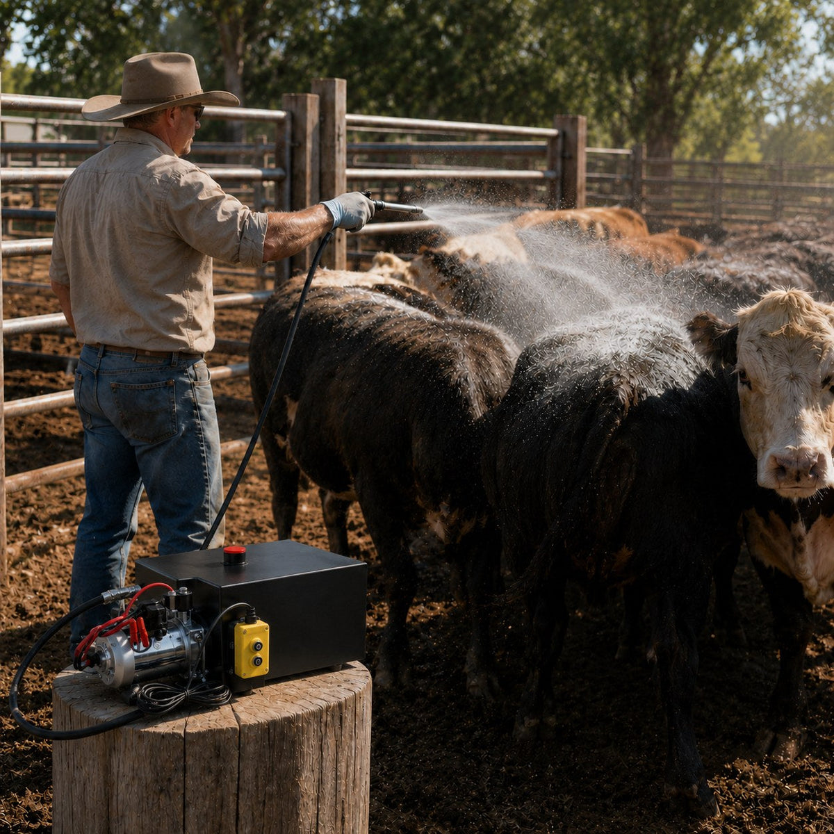 Rancher fogging cattle at the pen with the Savary fogger