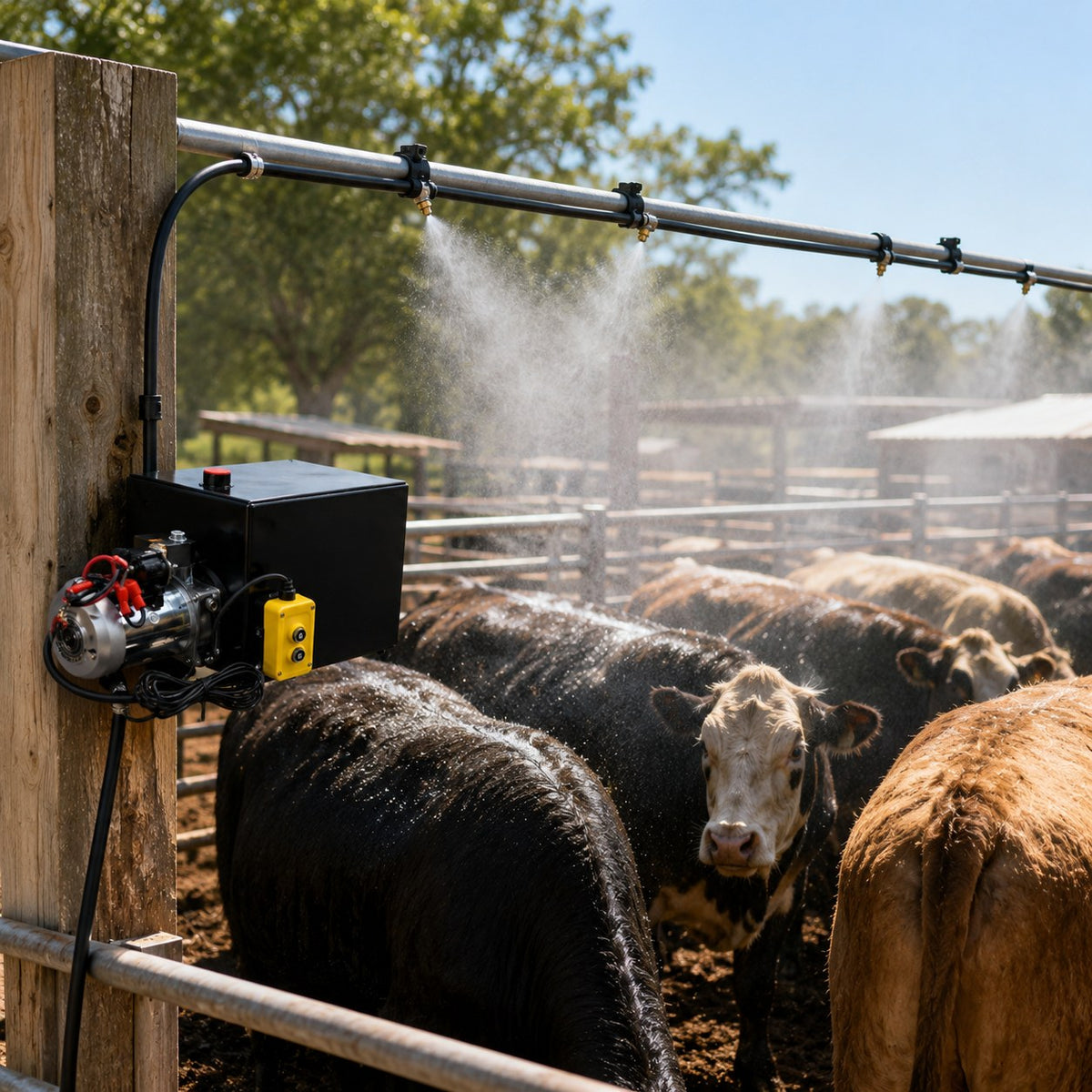 Fogger mounted on a fence misting the herd