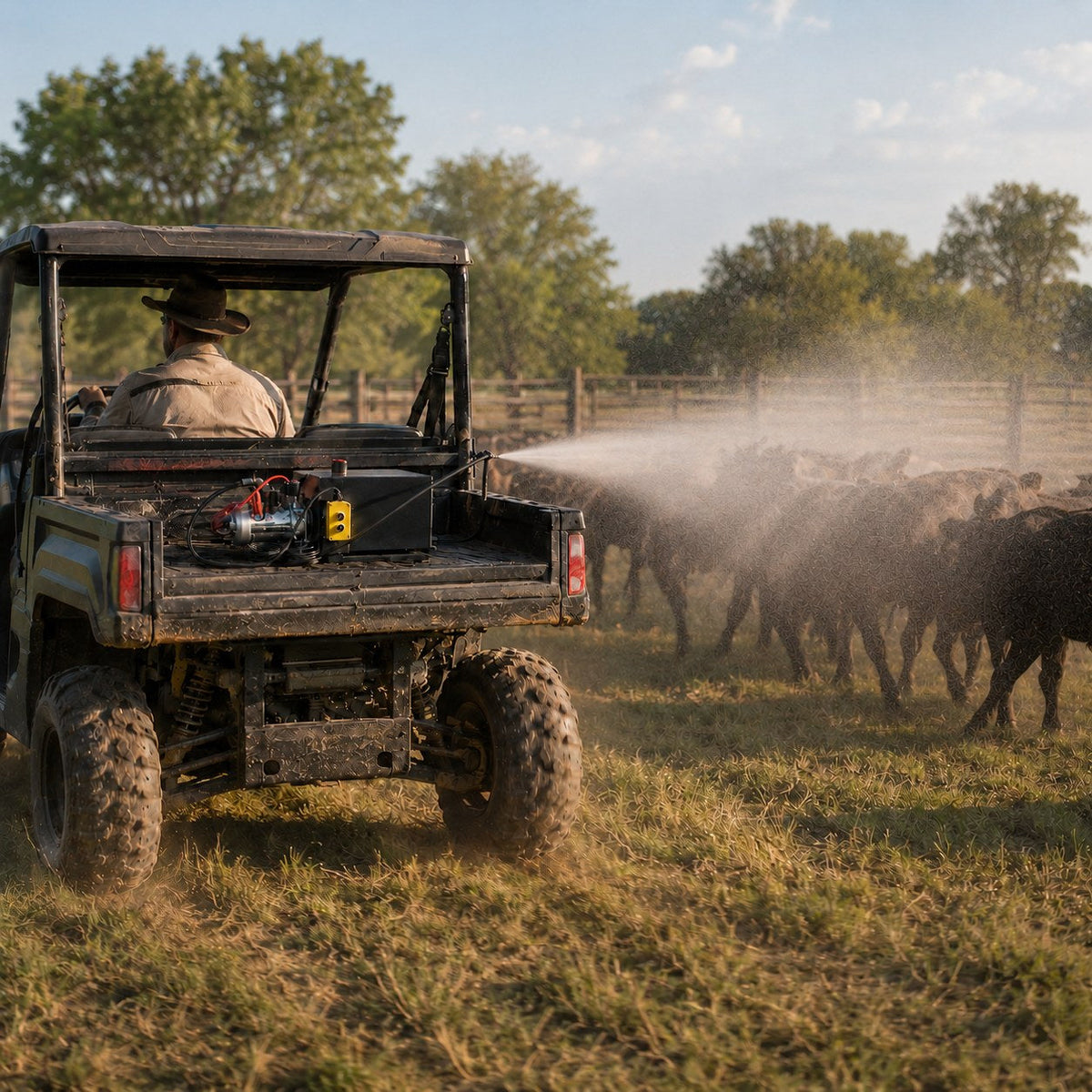 Fogging the herd from a UTV in the pasture