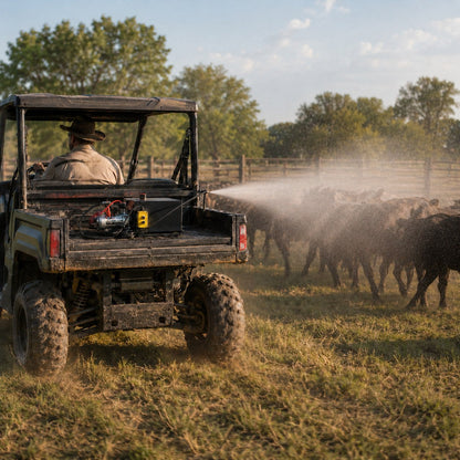 Fogging the herd from a UTV in the pasture