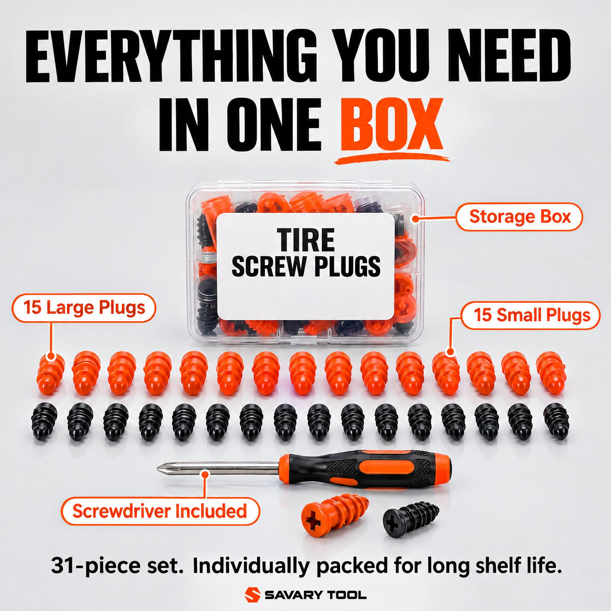 What is in the box: 15 large plugs, 15 small plugs, screwdriver, storage box