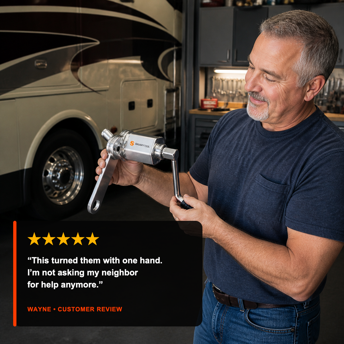 Five-star customer review card showing the metallic SavaryTool torque multiplier